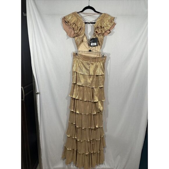NWT‎ $498 IEENA Mac Duggal [ 4 ] 26740 Ruffle Tiered Lace Up Gown Gold - Picture 14 of 16